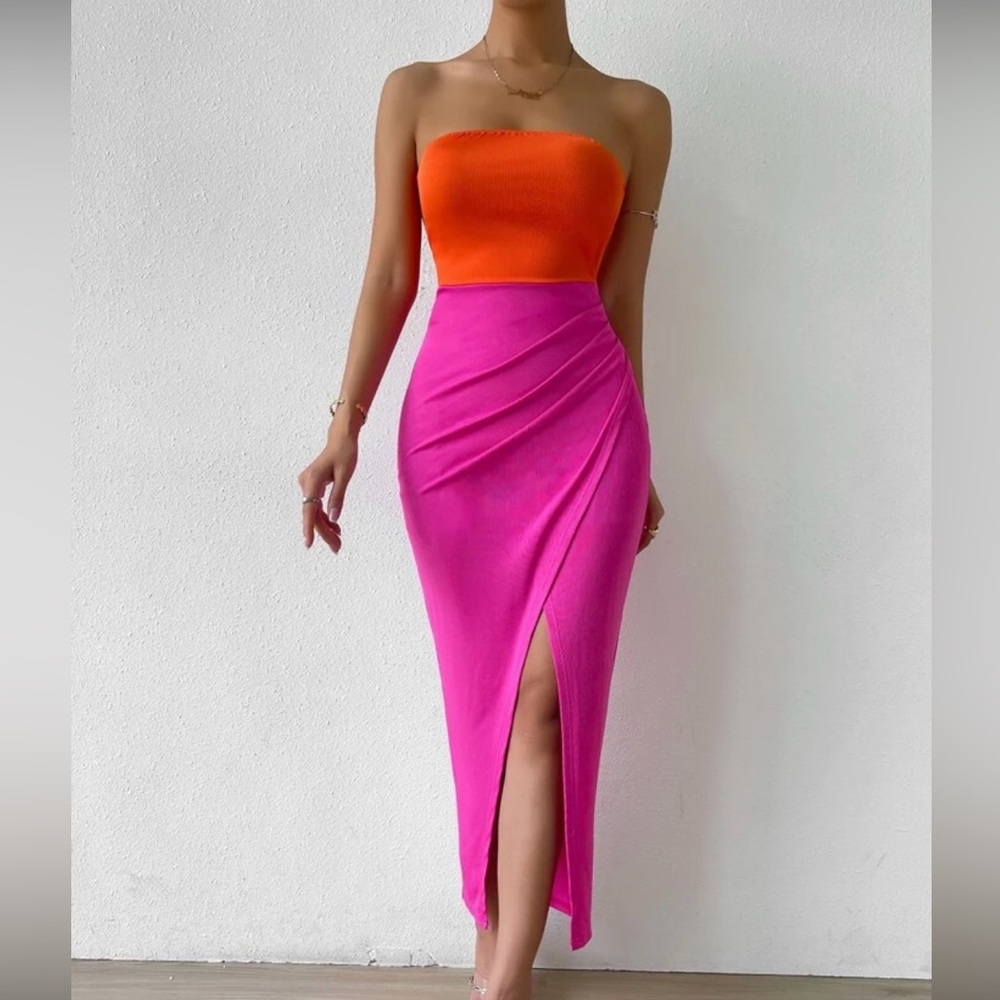 Orange And Pink Colorblock Strapless Maxi Coverup Size L New